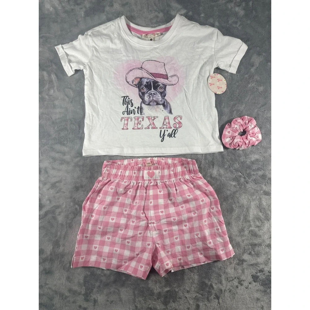 Messy Bun Just Chillin Girls Pajama Set White Texas Dog Tee Gingham Shorts 6 NWT